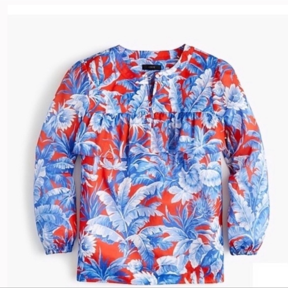J.CREW Ratti Rio Ruffle Bust Floral Blouse Red Blue Size XS